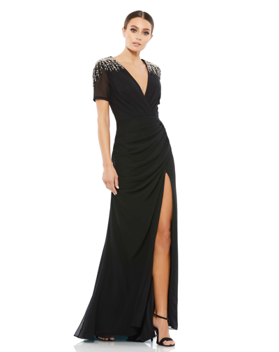 Ieena For Mac Duggal Sequined Embellished Shoulder Evening Gown In Black