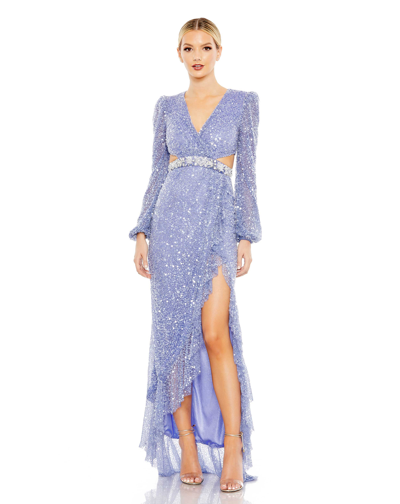 Mac Duggal Sequined Faux Wrap Cut Out Puff Sleeve Gown In Blue