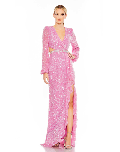 Mac Duggal Sequined Faux Wrap Cut Out Puff Sleeve Gown In Orchid