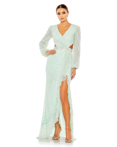 Mac Duggal Sequined Faux Wrap Cut Out Puff Sleeve Gown In Green