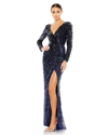 MAC DUGGAL SEQUINED FAUX WRAP LONG SLEEVE GOWN
