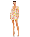 Mac Duggal Sequined Floral Long Sleeve Mini Dress In Pink/multi