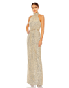Mac Duggal Sequined Halter Neck Beltered Soft Tie Dress In Champagne