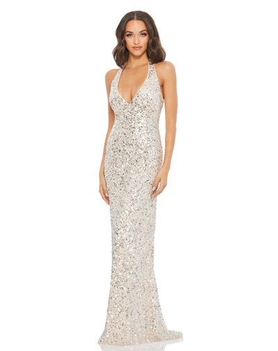 Mac Duggal Sequined Halter Strap Column Gown In Nude/silver