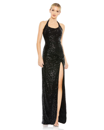 Ieena For Mac Duggal Sequined Halter Strap Low Side Knot Gown In Black