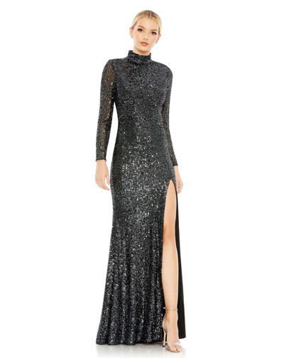 Ieena For Mac Duggal Sequined High Neck Long Sleeve Lace Up Gown In Graphite
