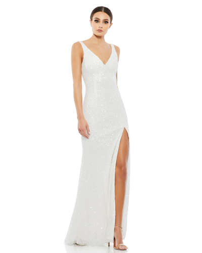 Mac Duggal Sequined High Slit Evening Gown In Ivory