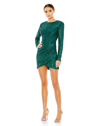 Ieena For Mac Duggal Sequined Long Sleeve Open Back Ruched Dress In Emerald Green