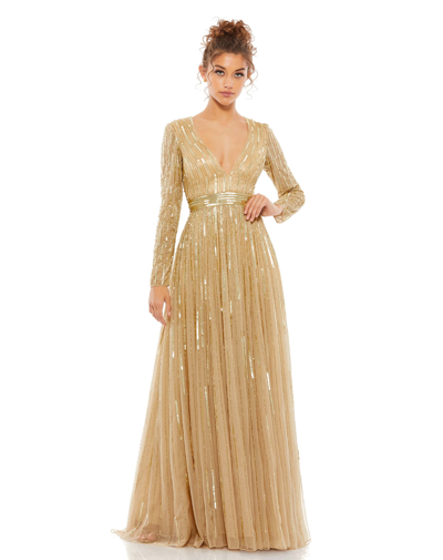 Mac Duggal Sequined Long Sleeve Plunging V-neck Gown In Taupe