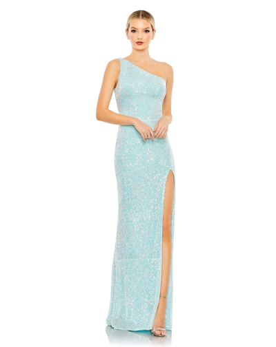 Ieena For Mac Duggal Sequined One Shoulder Draped Back Gown In Ice Blue