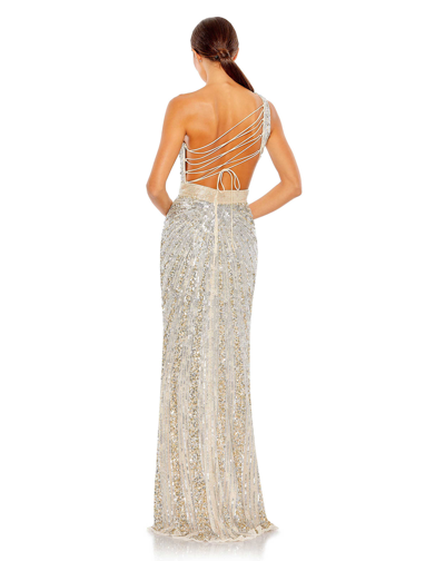 Mac Sequined One Shoulder Draped Lace Up Gown In Nude/silver