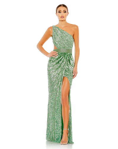 Mac Sequined One Shoulder Draped Lace Up Gown In Sage