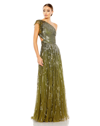 Mac Duggal Sequined One Shoulder Flutter Sleeve A Line Gown In Olive