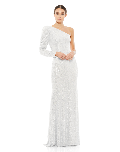 Ieena For Mac Duggal Sequined One Shoulder Trumpet Gown In White