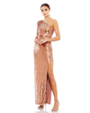 Mac Duggal Sequin One-shoulder Long Sleeve Column Gown In Copper
