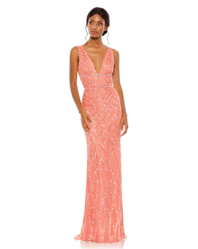 Mac Duggal Sequined Plunge Neck Sleeveless Column Gown In Coral