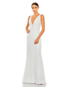 Mac Duggal Sequined Plunge Neck Sleeveless Column Gown In White