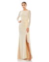Mac Duggal Sequined Ruched Long Sleeve Cowl Neck Gown In Pearl