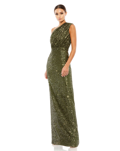 Mac Duggal Dark Purple Sequined Ruched One Shoulder Gown In Us 14