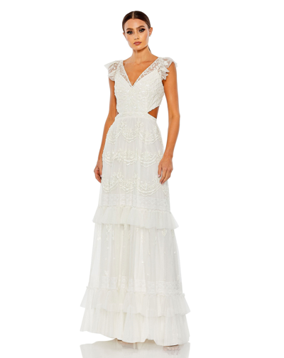 Mac Duggal Sequined Ruffled Cap Sleeve Cut Out Tiered Gown In White