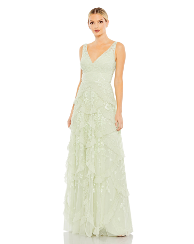Mac Duggal Sequined Scallop Ruffle Tiered V Neck Gown In Sage