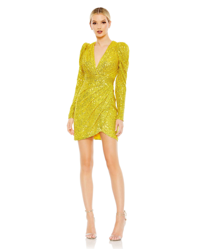 Mac Duggal Sequined Shoulder Pad Cocktail Dress In Yellow