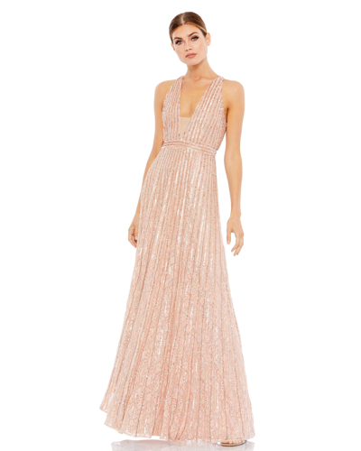Mac Duggal Sequined Sleeveless Plunge Neck Flowy Gown In Rose Pink