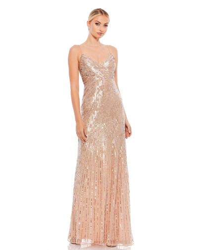 Mac Duggal Sequin Crossover Front Spaghetti Strap Gown In Gold