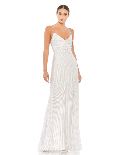 Mac Duggal Sequined Spaghetti Strap V-neck Gown In Pearl