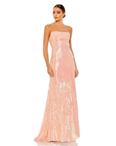 Ieena For Mac Duggal Sequined Strapless Rhinestone Belt Gown In Coral
