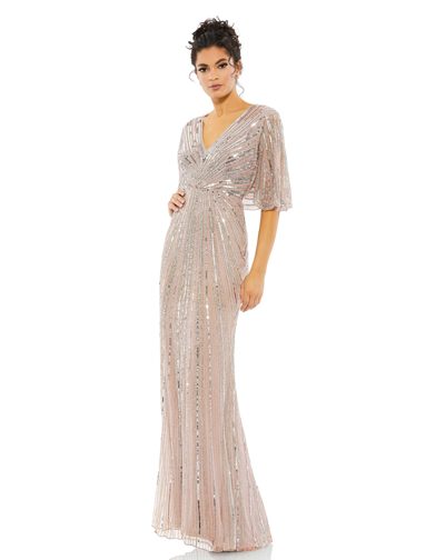 Mac Duggal Sequined V Neck Cape Sleeve Column Gown In Vintage Rose