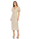 Mac Duggal Sequined V Neck Flutter Sleeve Tea Length Dress In Oyster