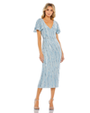 Mac Duggal Sequined V Neck Flutter Sleeve Tea Length Dress In Powder Blue