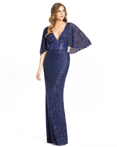Mac Duggal Sequined V-neck Cape Sleeve Beaded Waist Gown In Blue