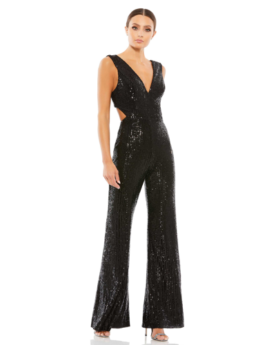 Ieena For Mac Duggal Multi Color Sequined V-neck Cut Out Jumpsuit Dress In Black