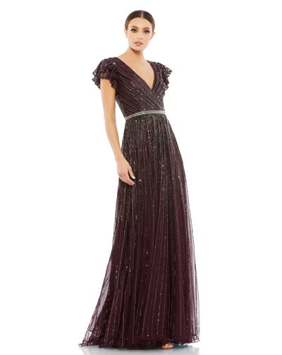 Mac Duggal Sequined Wrap Over Ruffled Cap Sleeve Gown In Blackberry