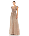 Mac Duggal Sequined Wrap Over Ruffled Cap Sleeve Gown In Copper