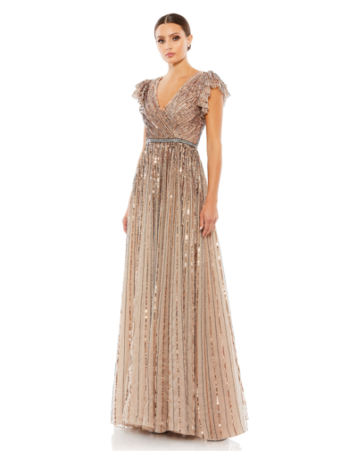 MAC DUGGAL SEQUINED WRAP OVER RUFFLED CAP SLEEVE GOWN