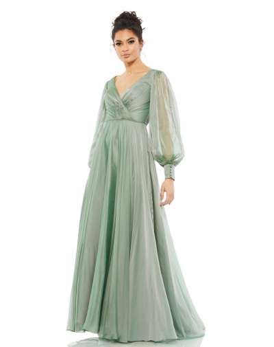 Mac Duggal Red Sheer Blouson Sleeve Surplice Gown In Green