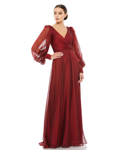 MAC DUGGAL RED SHEER BLOUSON SLEEVE SURPLICE GOWN