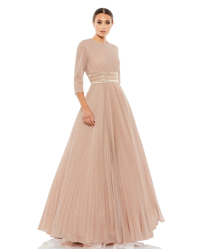 Ieena For Mac Duggal Shimmering Pleated A-line 3/4 Sleeve Gown In Rose/gold
