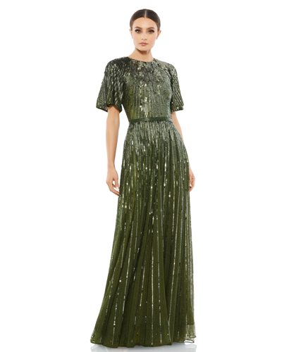 Mac Duggal Short Sleeve Ombre Sequined Evening Gown In Olive