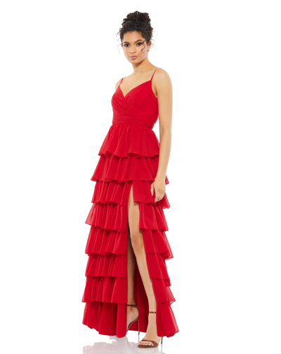 Ieena For Mac Duggal Sleeveless Gown With Ruffled Skirt In Red
