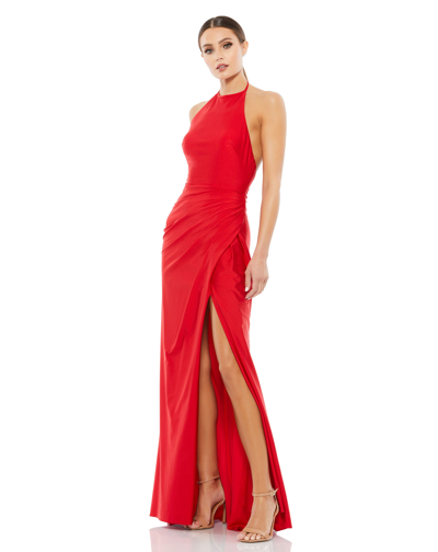 Ieena For Mac Duggal Sleeveless Pleated Halter Gown In Red
