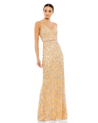 Mac Duggal Sleeveless V-neck Beaded Column Gown In Nude