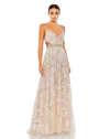 Mac Duggal Embroidered V Neck Long Sleeve Trumpet Gown In Oyster