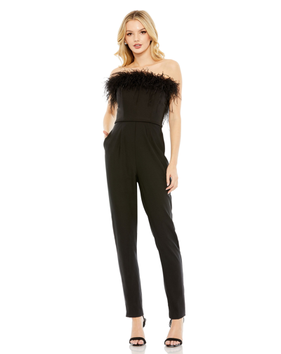 Ieena For Mac Duggal Ostrich Feather Strapless Jumpsuit Dress In Black