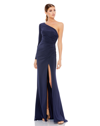 Mac Duggal Stretch Jersey One Sleeve Gathered Waist Gown In Navy