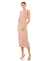 Mac Duggal Striped Floral Embellished Sleeveless Midi Dress In Rose