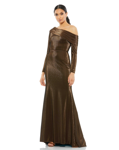 Ieena For Mac Duggal Textured Metallic Off-the-shoulder Trumpet Gown In Chocolate